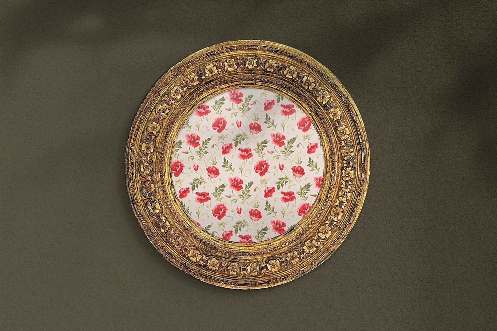 Round picture frame mockup, gold vintage design with William H. Gledhill's flower pattern psd. Remixed by rawpixel.