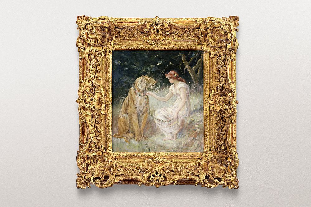 Gold picture frame, vintage design with Tiger and a Lady paintingpsd. Remixed by rawpixel.