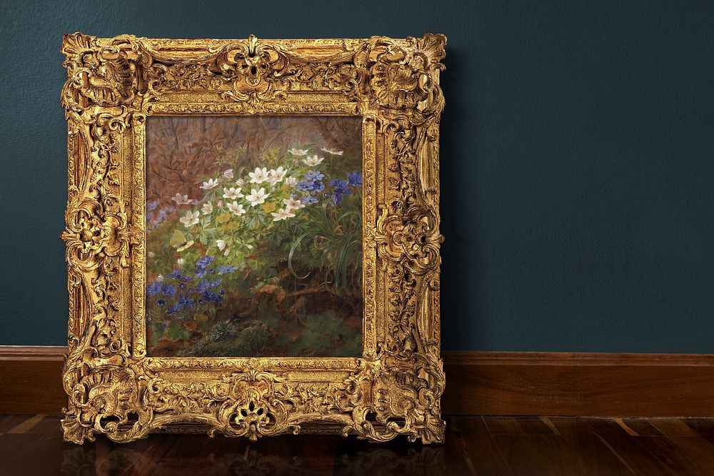 Gold picture frame mockup, vintage design with Anthonie Christensen's flower painting psd. Remixed by rawpixel.