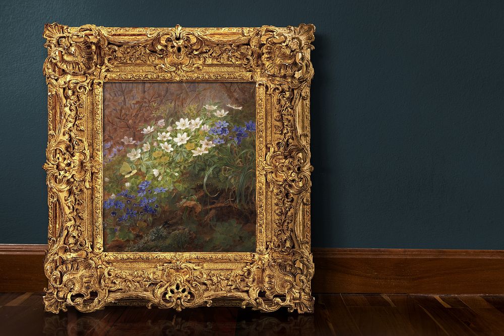 Gold picture frame, vintage design with Anthonie Christensen's flower painting. Remixed by rawpixel.