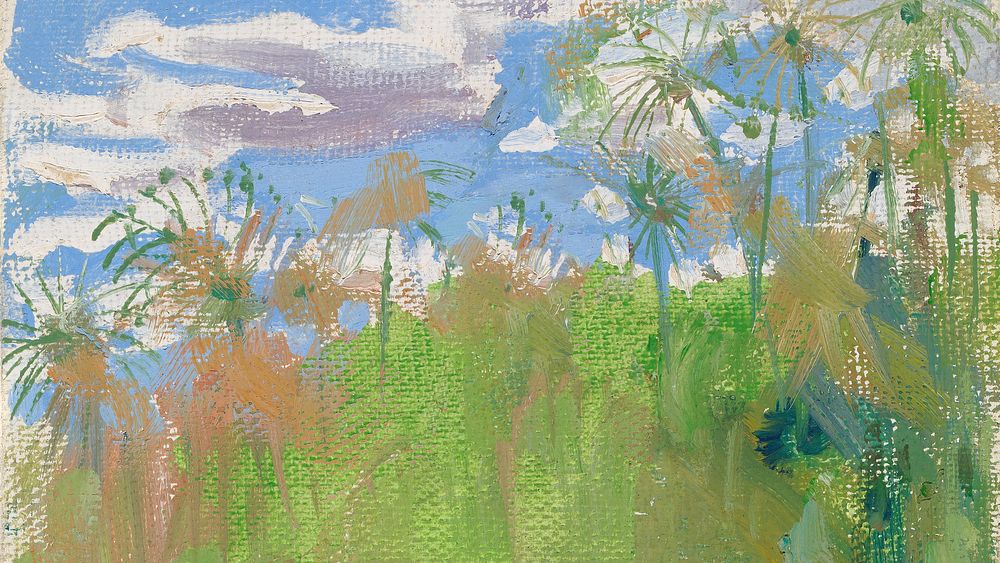 Vintage grass field desktop wallpaper, blue sky painting by Akseli Gallen-Kallela. Remixed by rawpixel.