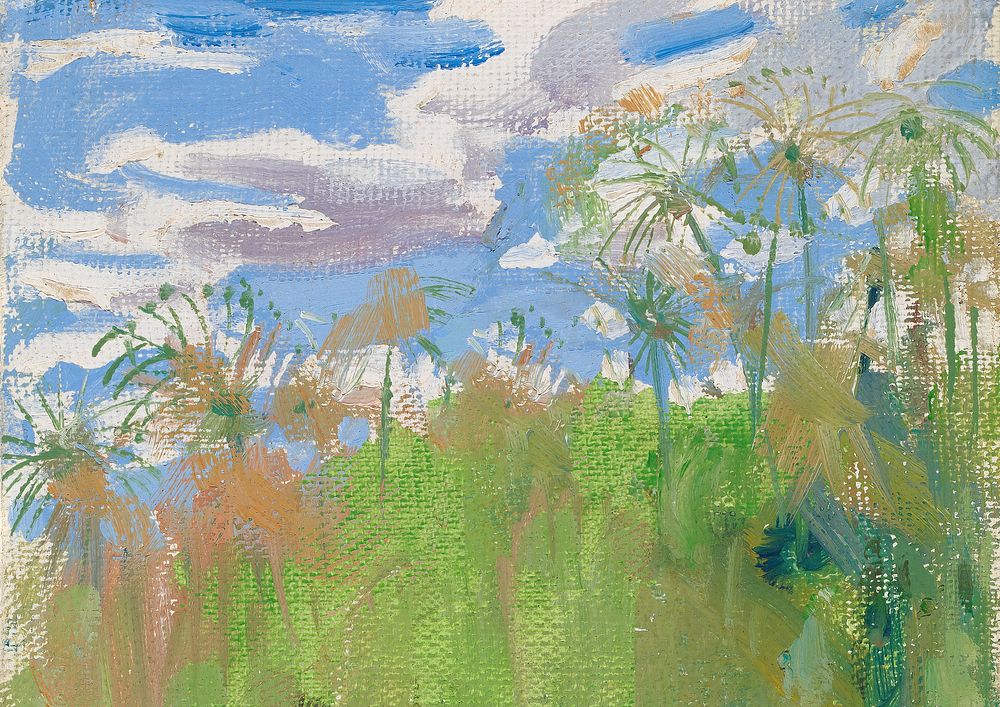 Vintage grass field background, blue sky painting by Akseli Gallen-Kallela. Remixed by rawpixel.