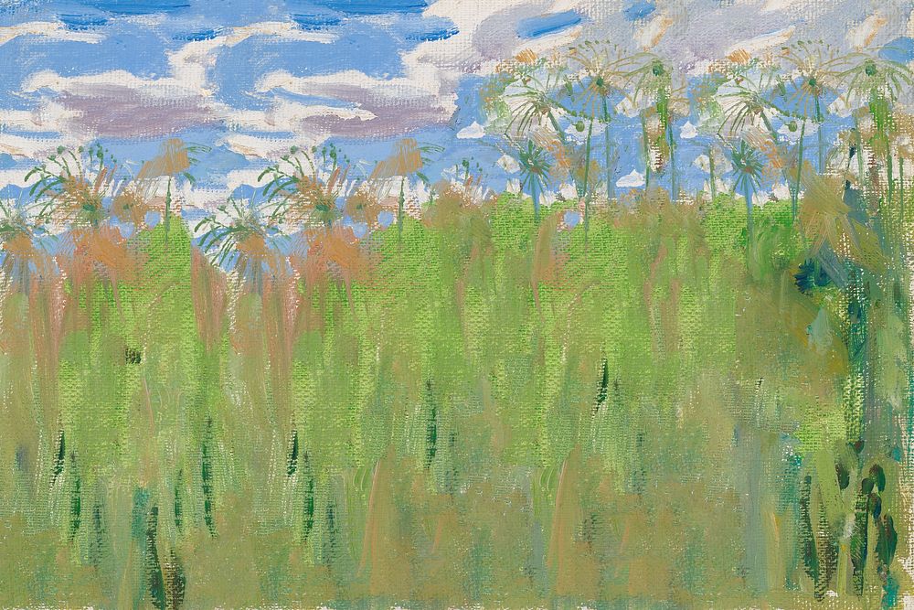 Vintage grass field background, blue sky painting by Akseli Gallen-Kallela. Remixed by rawpixel.