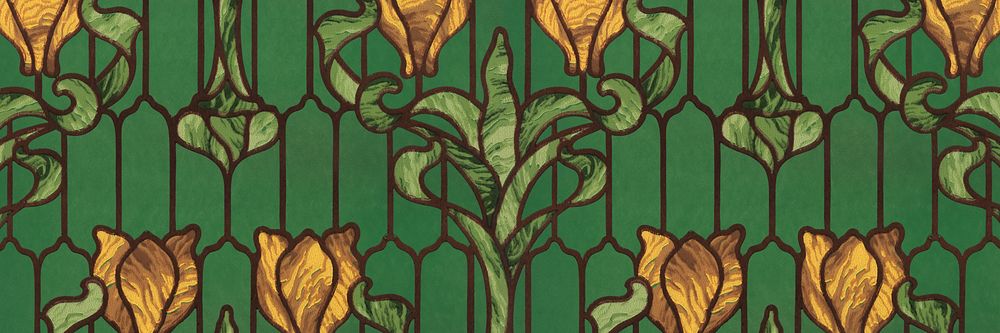 Floral stained glass background, yellow tulip with green foliage. Remixed by rawpixel.