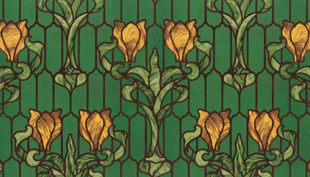 Floral stained glass background, yellow tulip with green foliage. Remixed by rawpixel.