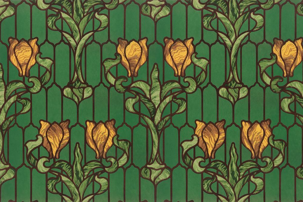 Floral stained glass background, yellow tulip with green foliage. Remixed by rawpixel.