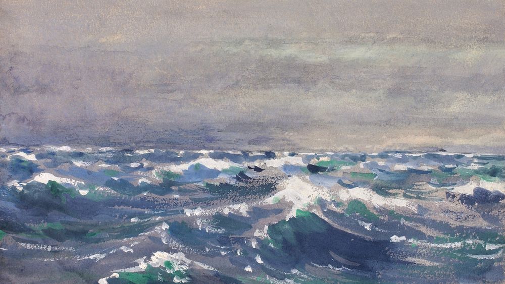 Vintage ocean wave desktop wallpaper, painting by William Henry Holmes. Remixed by rawpixel.