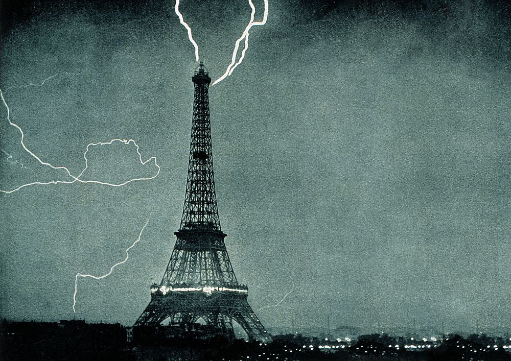 Lightning striking Eiffel Tower background, vintage photograph. Remixed by rawpixel.