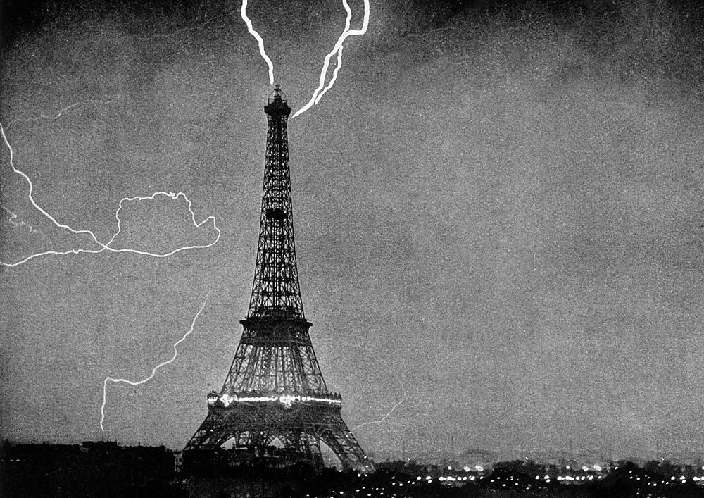 Lightning striking Eiffel Tower background, vintage photograph. Remixed by rawpixel.