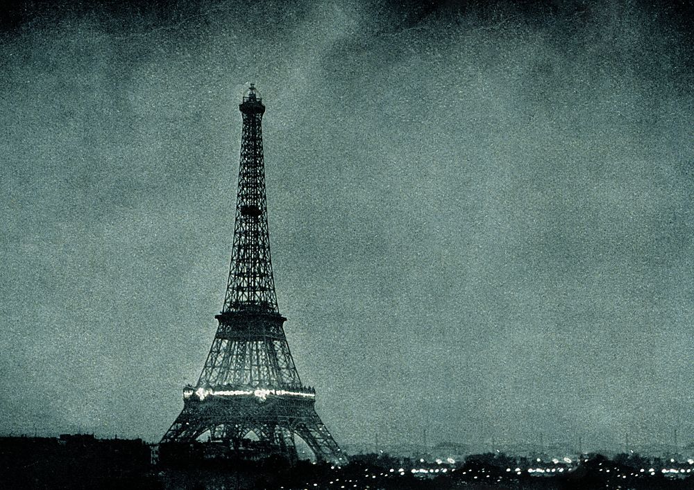 Lightning striking Eiffel Tower background, vintage photograph. Remixed by rawpixel.