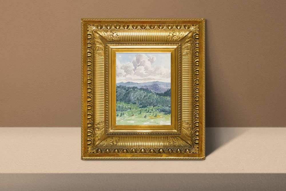 Gold picture frame mockup, vintage design with Landscape study from Norway painting psd. Remixed by rawpixel.