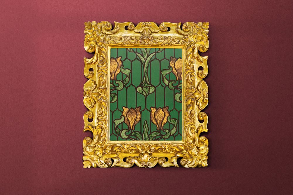 Gold picture frame mockup, vintage design with floral stained glass psd. Remixed by rawpixel.