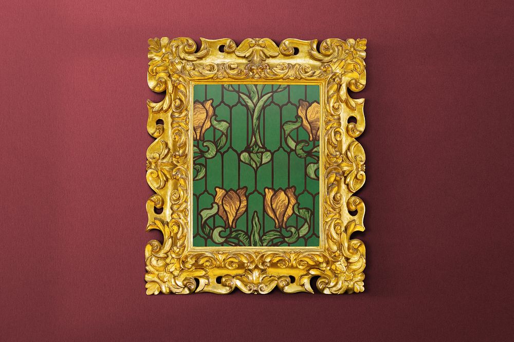 Gold picture frame, vintage design with floral stained glass. Remixed by rawpixel.