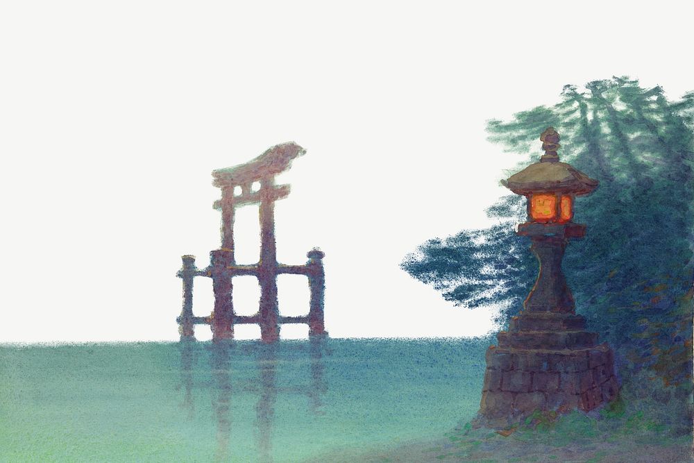 Japanese stone lantern, vintage lake border psd by Yoshihiko Ito. Remixed by rawpixel.