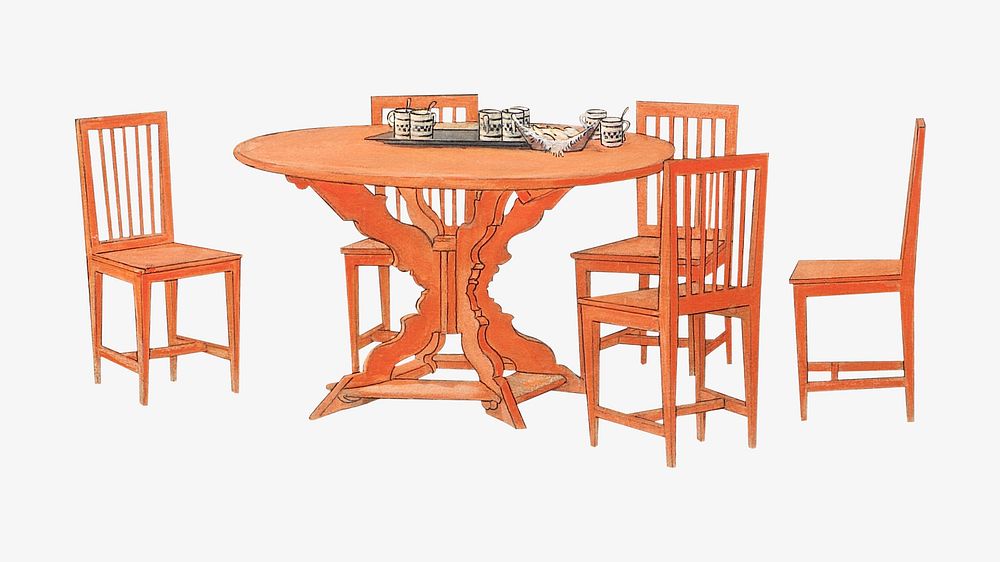 Orange wooden table and chairs, furniture illustration. Remixed by rawpixel.