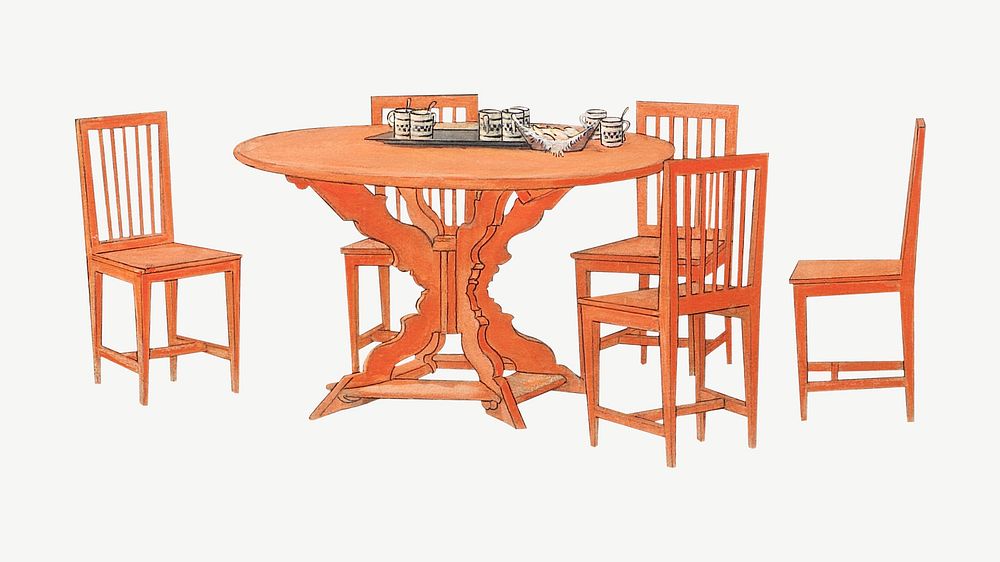 Orange wooden table and chairs, furniture illustration psd. Remixed by rawpixel.