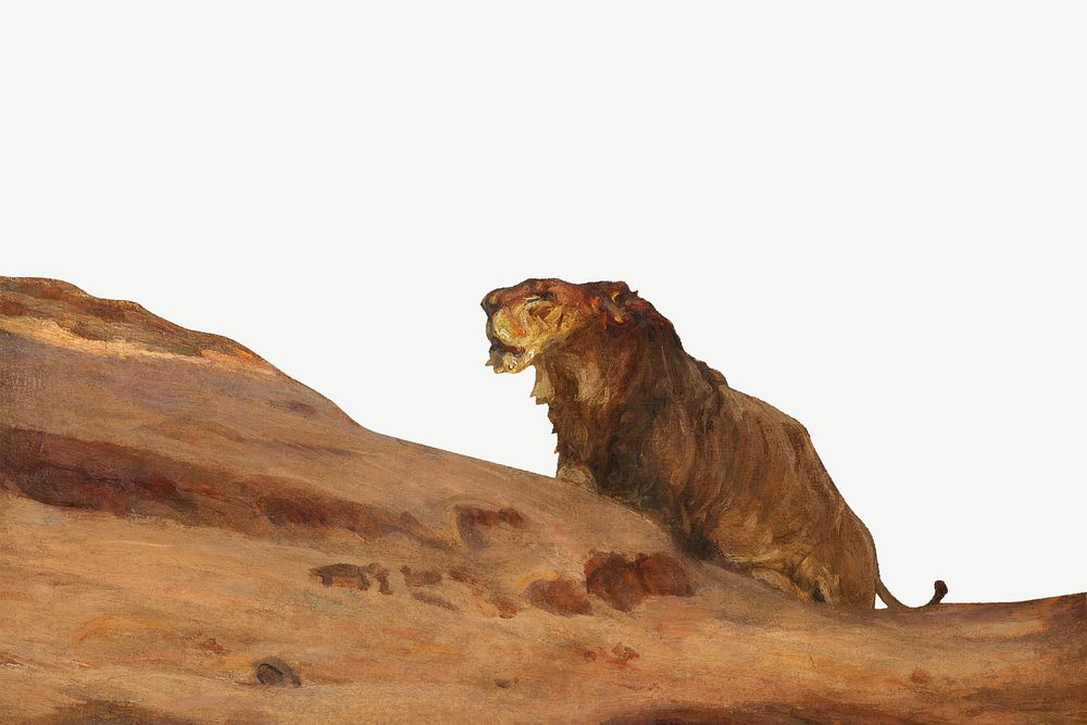 Lions in the Desert, vintage animal illustration psd by Henry Ossawa Tanner. Remixed by rawpixel.