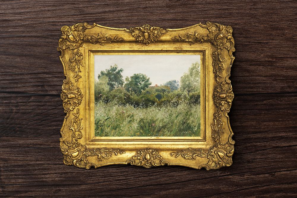 Gold picture frame mockup, vintage design with P. C. Skovgaard's meadow painting psd. Remixed by rawpixel.