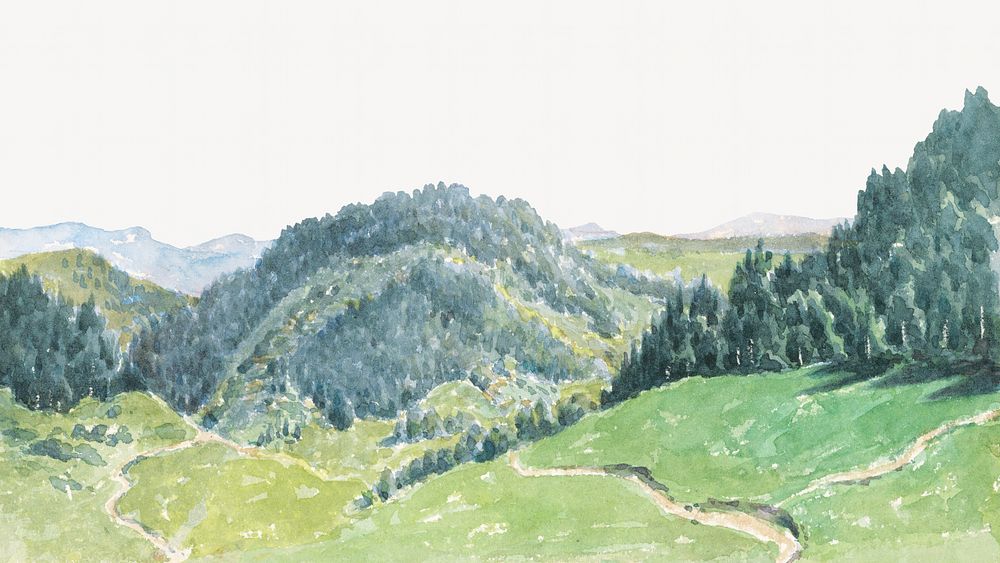 Mountain landscape border, vintage nature illustration by Friedrich Carl von Scheidlin. Remixed by rawpixel.