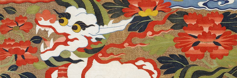 Mythological animal pattern, silk textile tapestry for Twitter header. Remixed by rawpixel.