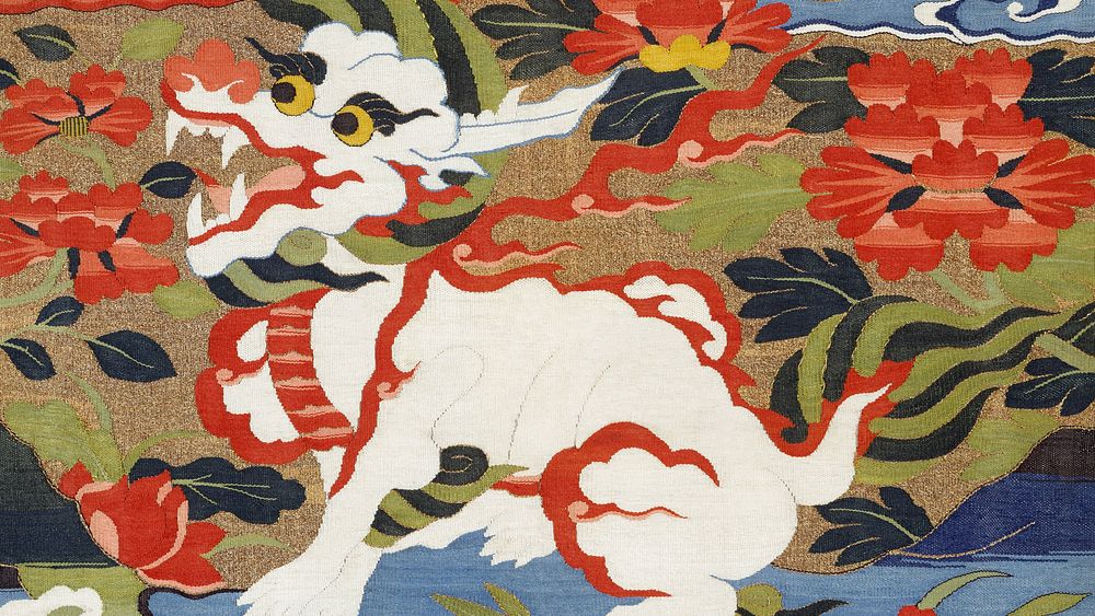 Mythological animal  desktop wallpaper,  silk textile tapestry. Remixed by rawpixel.