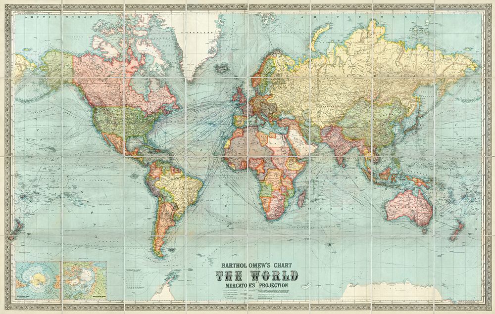 Bartholomew's chart of the world on Mercator's projection (1914), vintage map illustration. Original public domain image…