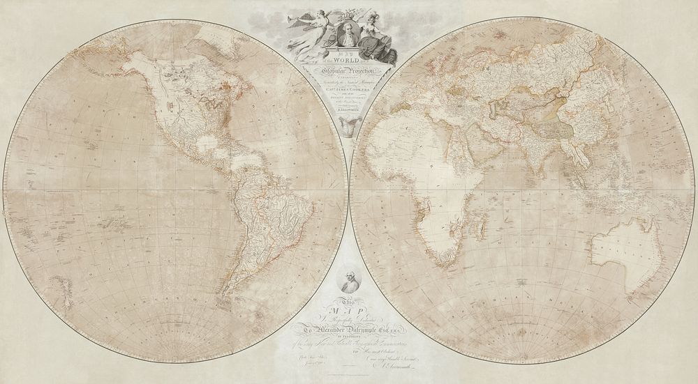 A map of the world on a globular projection : exhibiting particularly the nautical researches of Captain James Cook, F.R.S.…