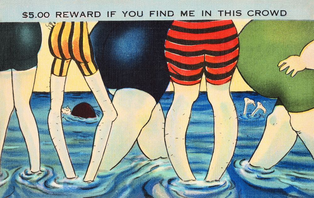 $5.00 reward if you find me in this crowd (1930&ndash;1945), vintage cartoon postcard. Original public domain image from…