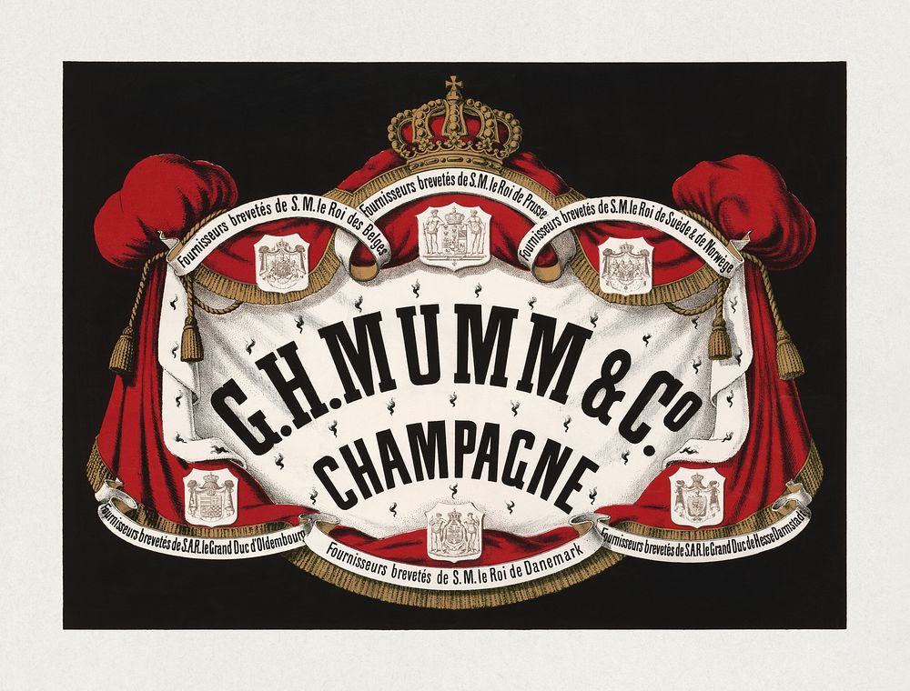 G.H. Mumm & Co., champagne (1876), vintage chromolithograph. Original public domain image from the Library of Congress.…