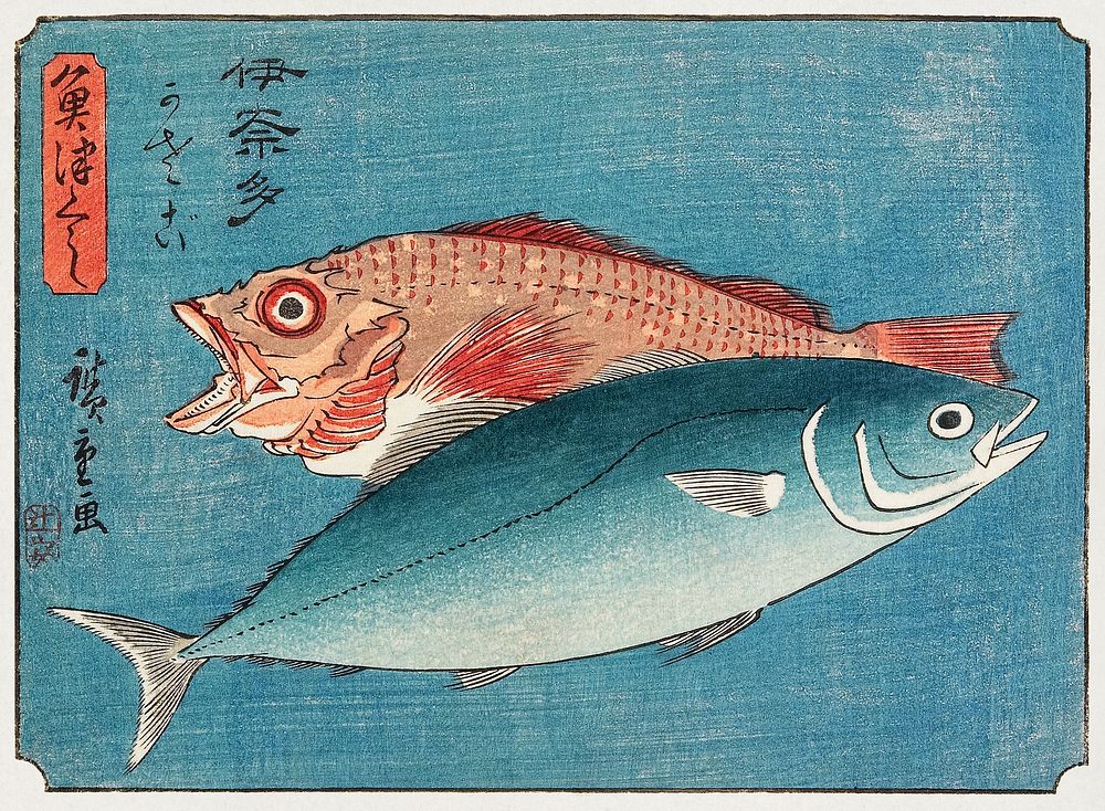Yellowtail and Rockfish (1835-1839), Japanese fish illustration by Utagawa Hiroshige. Original public domain image from The…