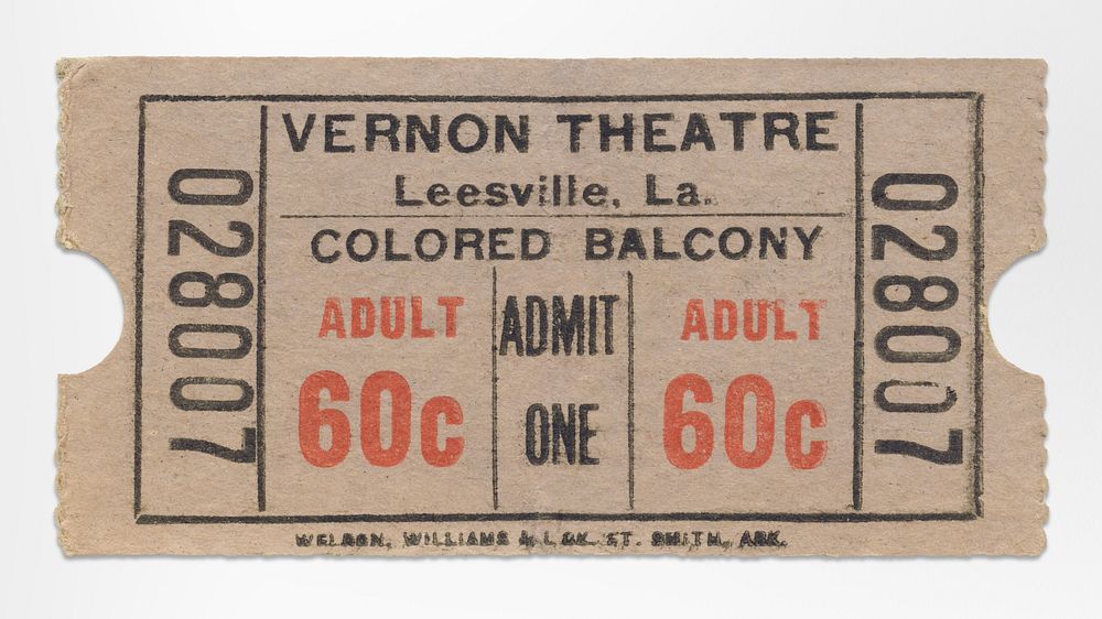 "Colored Balcony" of the Vernon Theatre ticket (1950). Original public domain image from The Smithsonian Institution.…