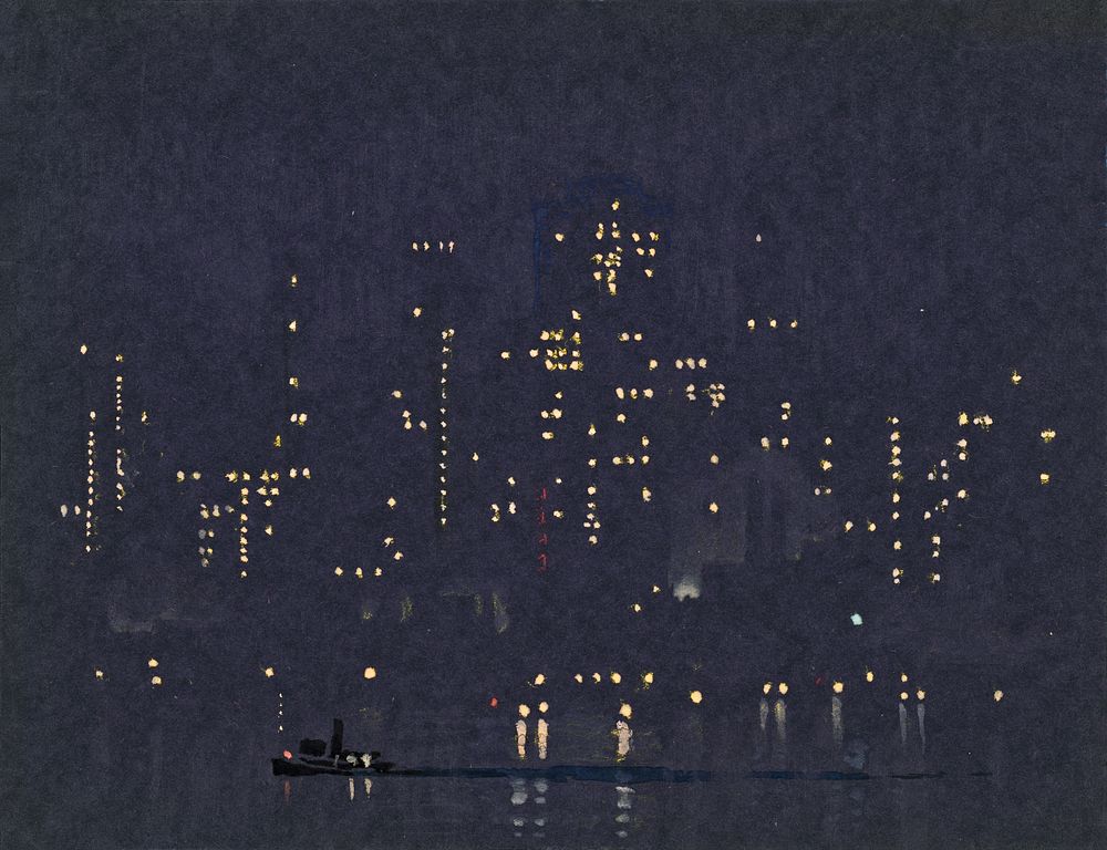 Night lights of Manhattan (1921-1926), cityscape illustration by Joseph Pennell. Original public domain image from the…