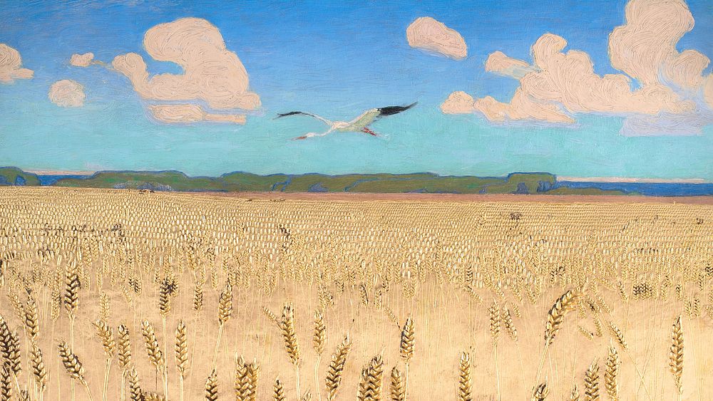 Wheat field landscape desktop wallpaper by Harald Slott-Moller. Remixed by rawpixel.