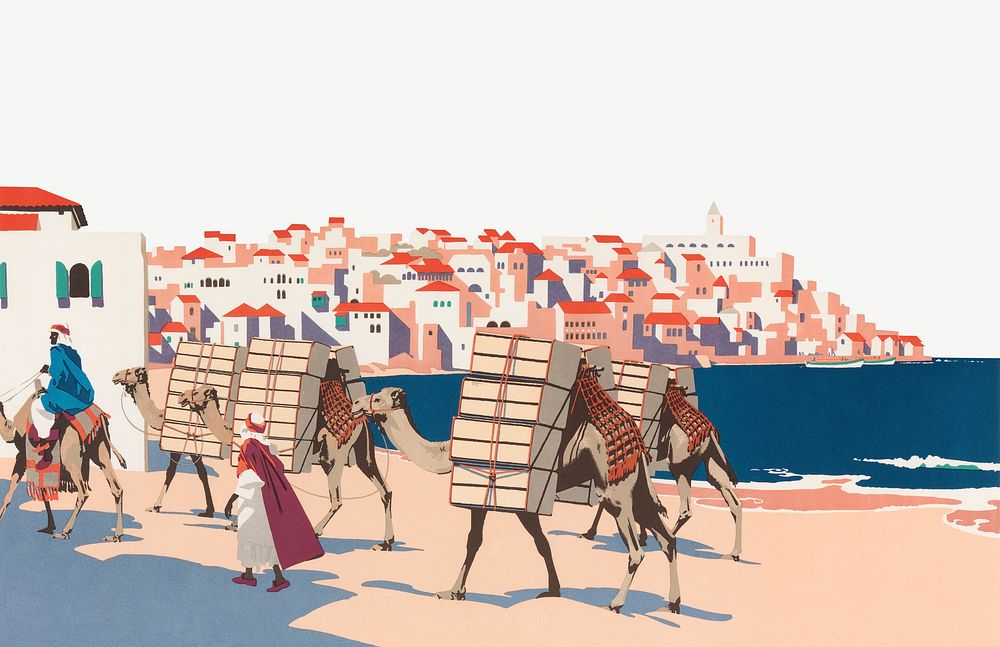 Jaffa camels transport, chromolithography art psd. Remixed by rawpixel. 