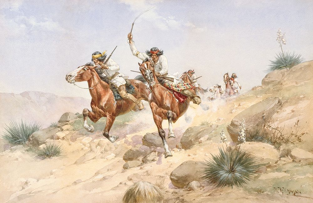 Apache Indians on Horseback by Herman Wendelborg Hansen. Original from the Minneapolis Institute of Art.. Digitally enhanced…