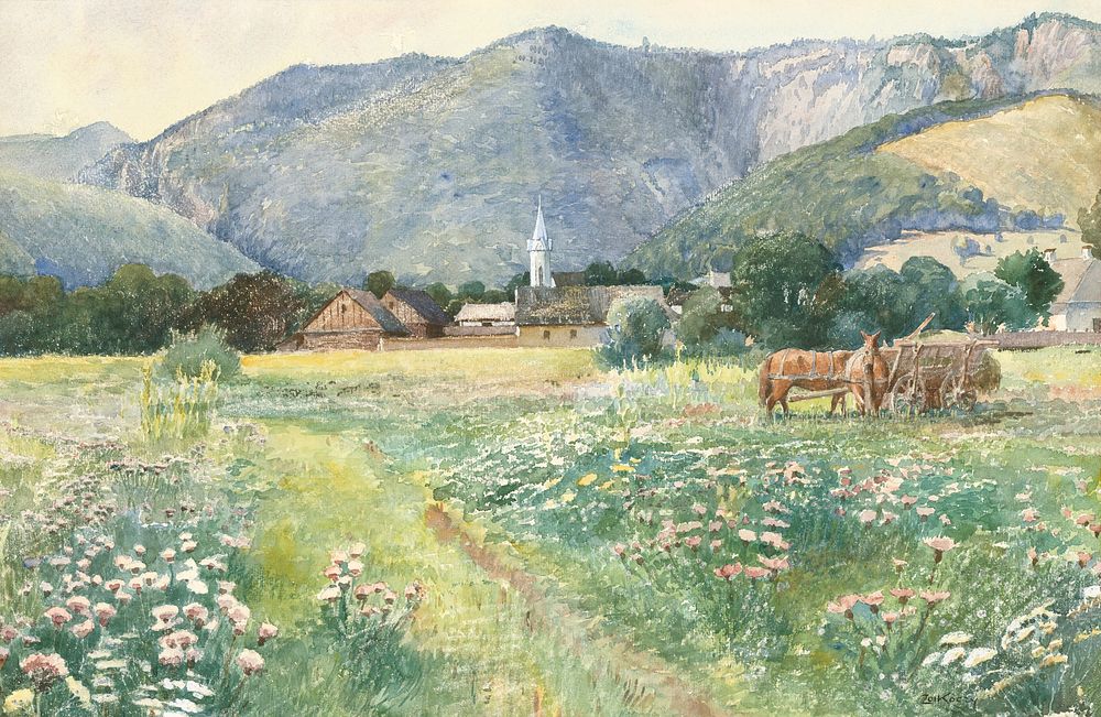Landscape with a blooming meadow by J&uacute;lius Zork&oacute;czy. Digitally enhanced by rawpixel.