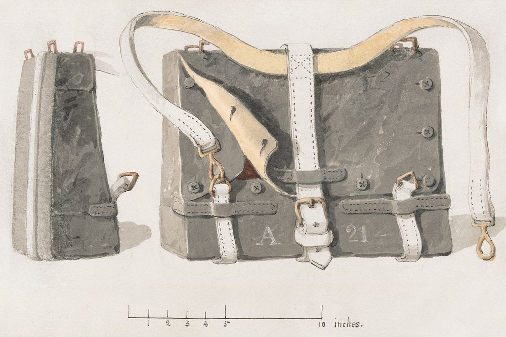 A Soldier's Knapsack: Two Studies, Side and Front View. Digitally enhanced by rawpixel.