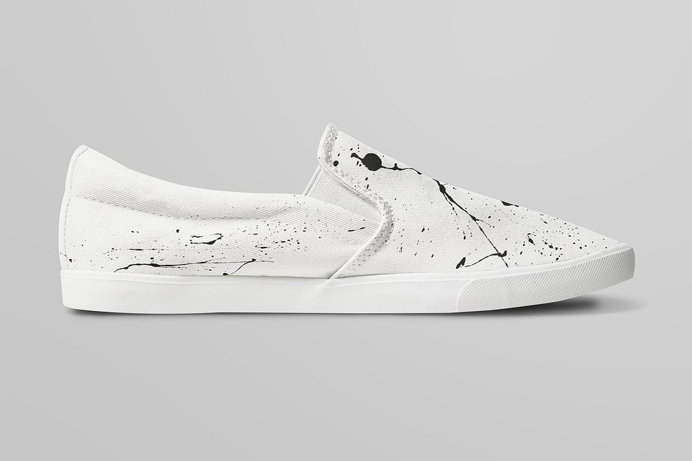 White slip-on mockup psd with paint splash design streetwear sneakers fashion