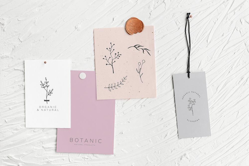 Tag label mockups psd, paper pinned on textured white background
