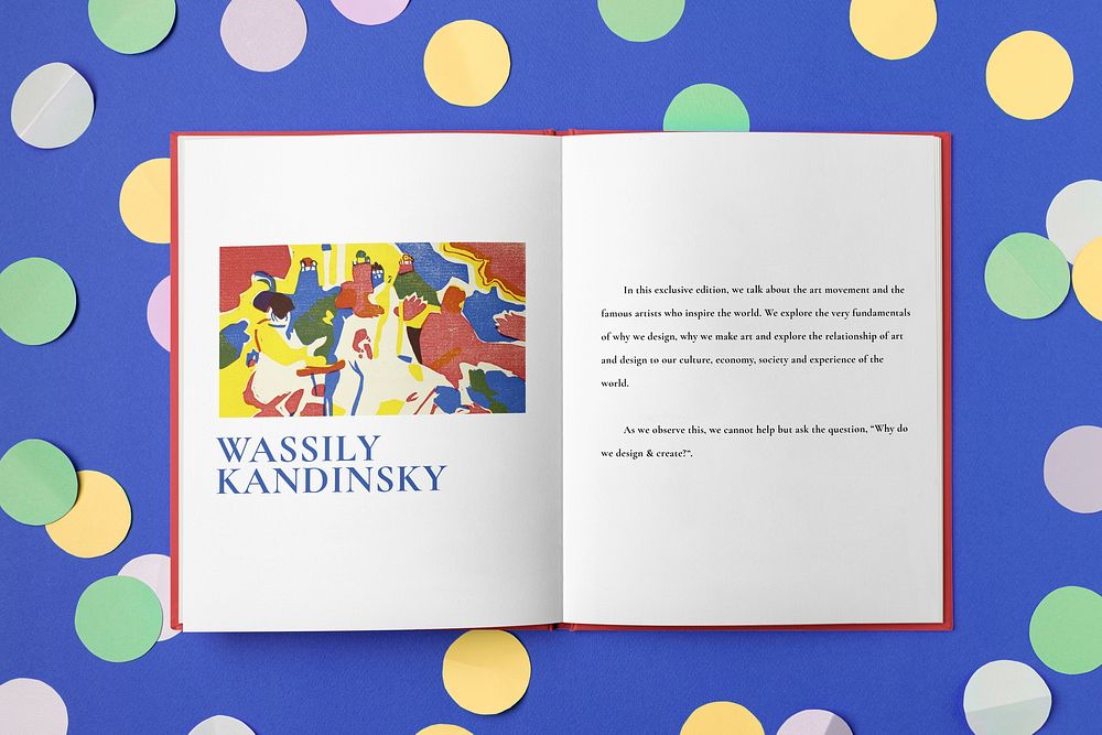 Book page mockup, Kandinsky publishing product psd, remixed from public domain artworks