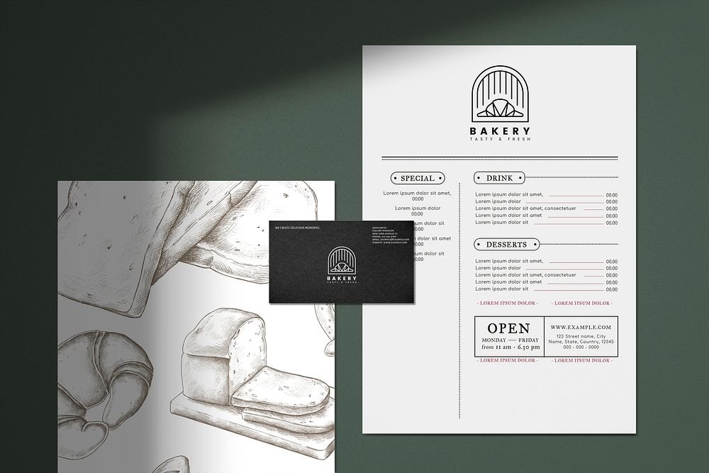 Bakery menu, business card mockup, branding psd