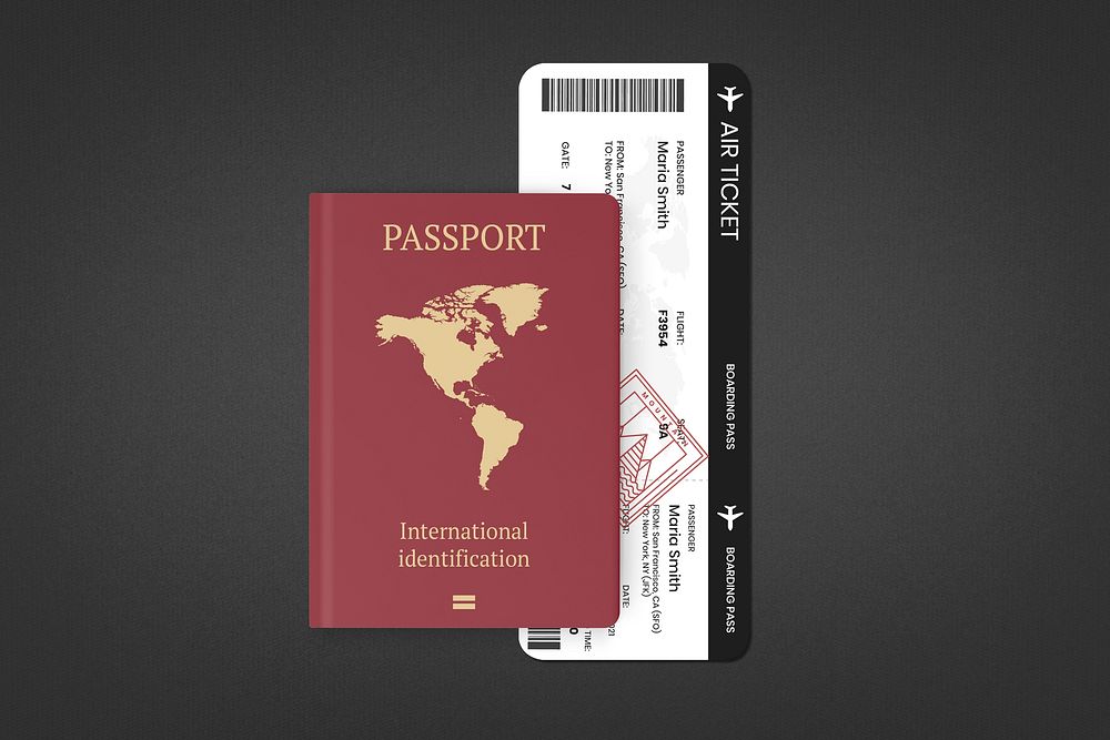 Passport, ticket mockup, air travel, realistic design psd