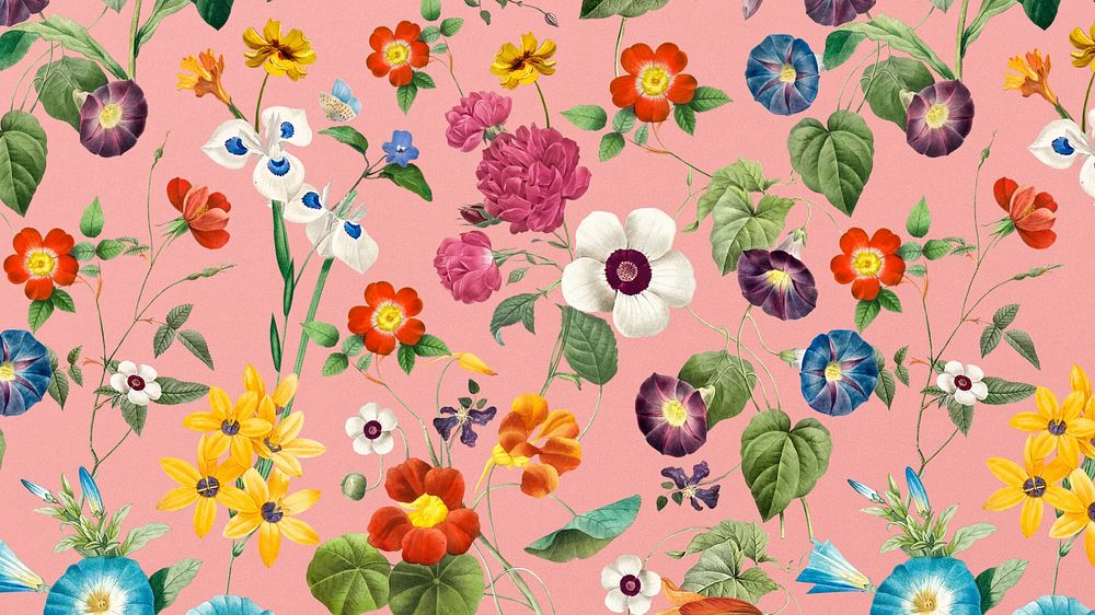 Spring flower pattern desktop wallpaper, vintage illustration by Pierre Joseph Redouté. Remixed by rawpixel.