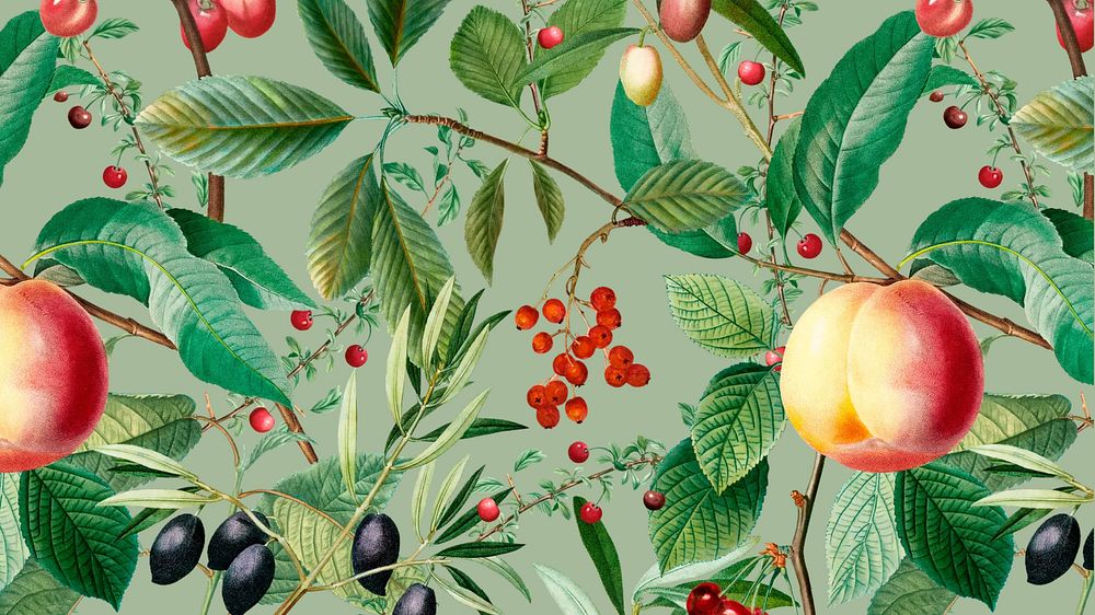 Vintage fruit pattern desktop wallpaper, peach illustration by Pierre Joseph Redouté. Remixed by rawpixel.