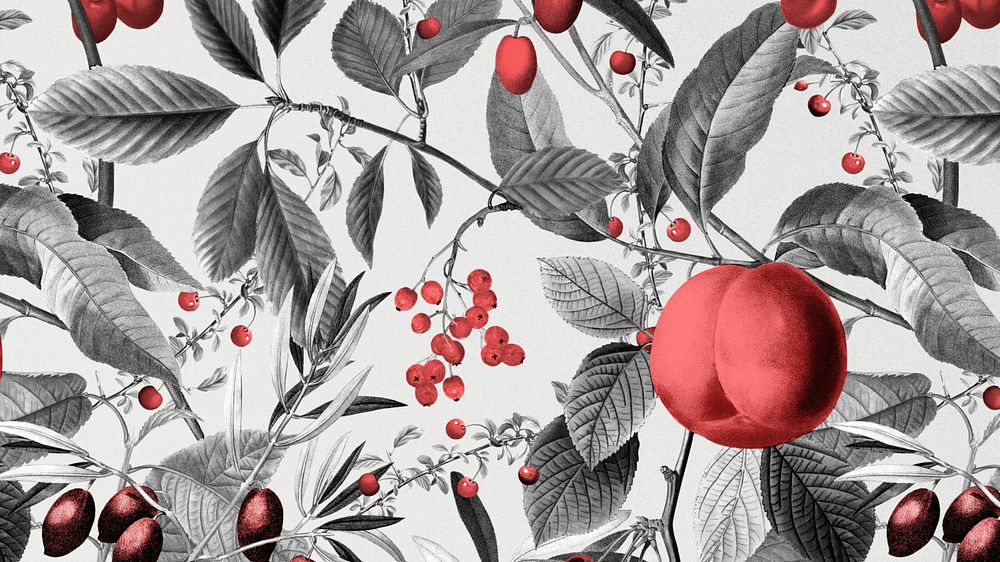 Vintage fruit pattern desktop wallpaper, monotone peach illustration by Pierre Joseph Redouté. Remixed by rawpixel.
