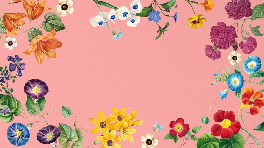 Cute pink desktop wallpaper, vintage floral frame illustration by Pierre Joseph Redouté. Remixed by rawpixel.