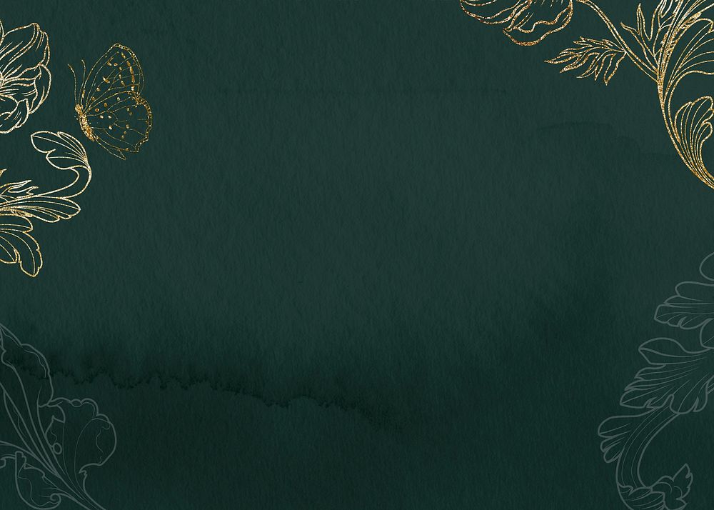 Dark green watercolor background, gold flower border