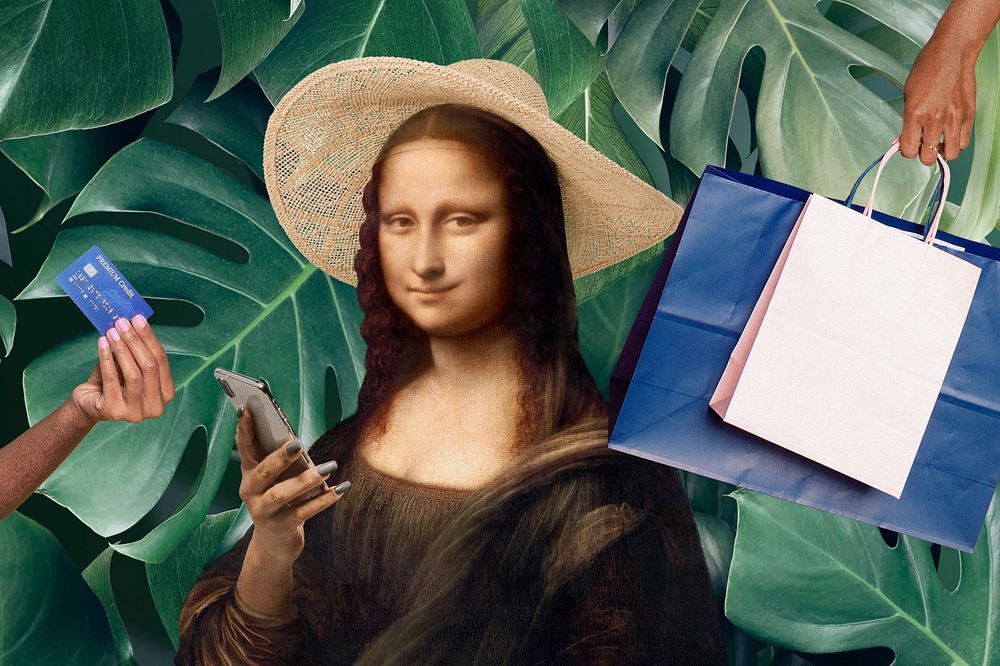 Mona Lisa shopping background, art remix.  Remixed by rawpixel.