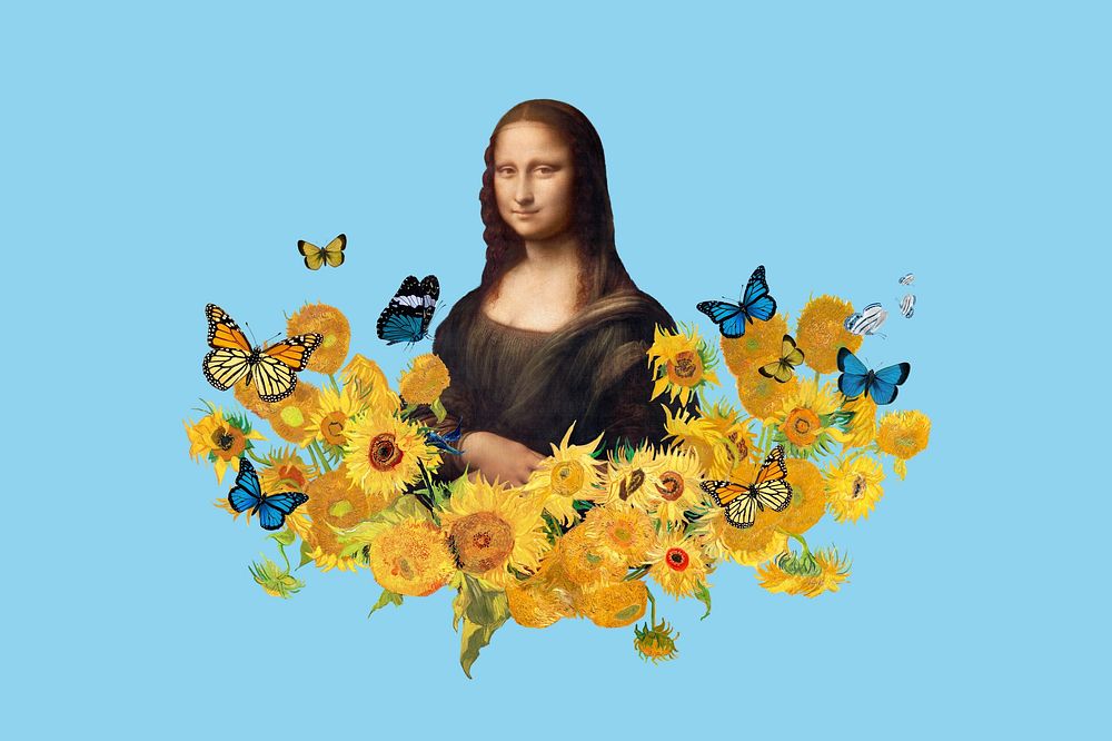 Mona Lisa sunflower background, art remix.  Remixed by rawpixel.