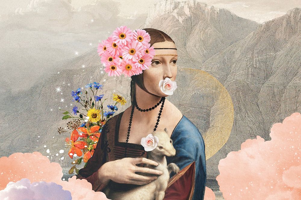 Lady with an Ermine background, art remix.  Remixed by rawpixel.